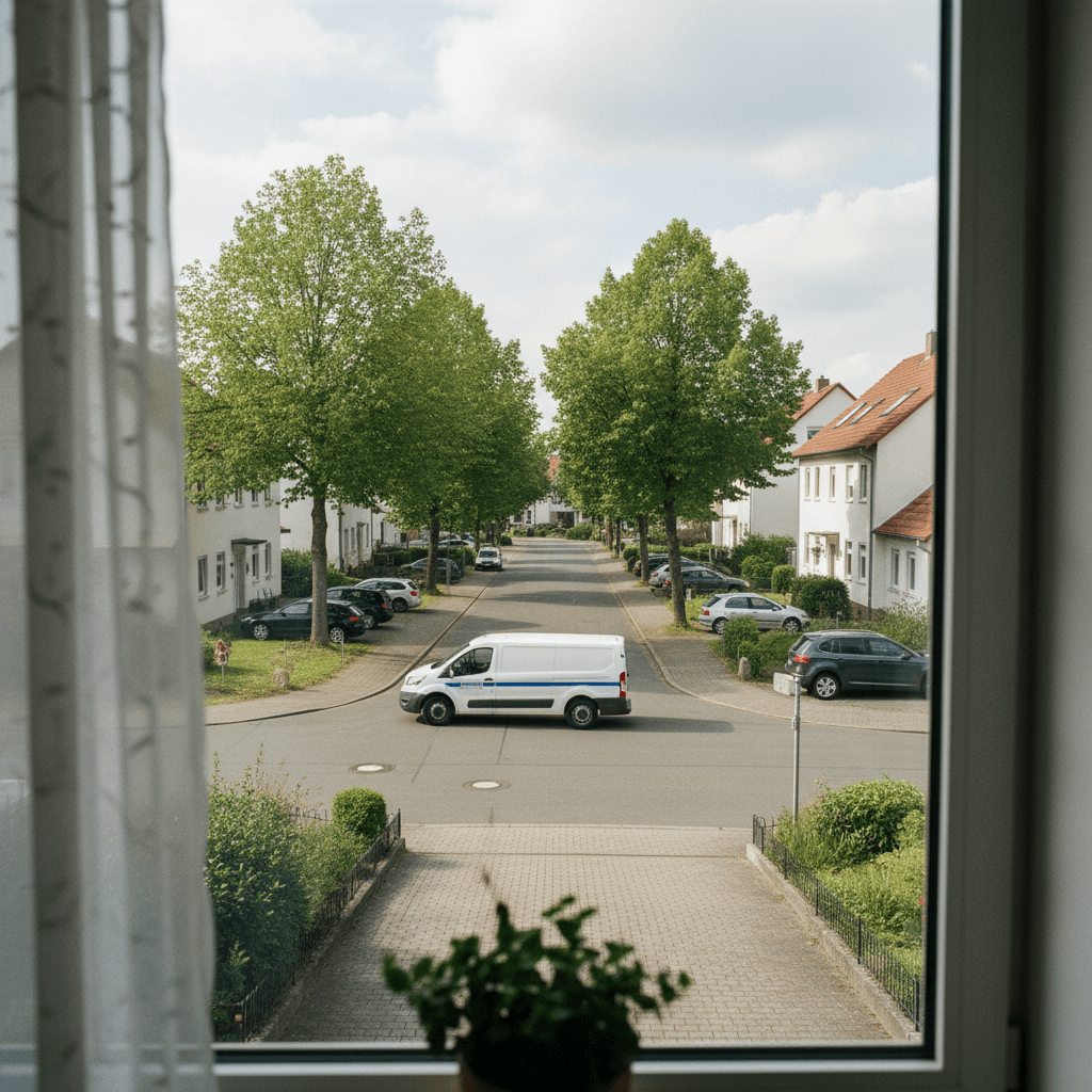 Servicefahrzeug verlässt Kundenadresse nach erfolgreicher Arbeit