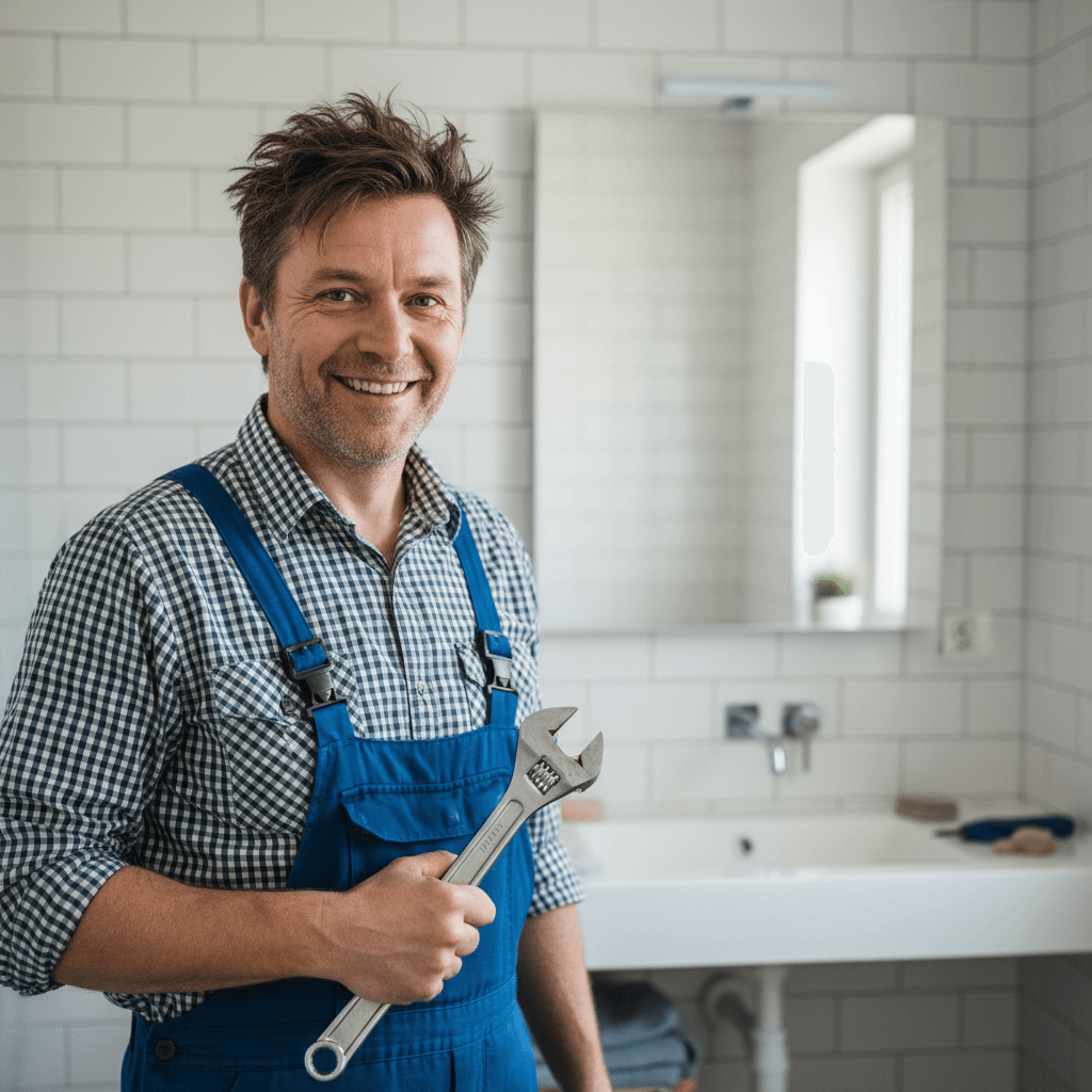 Freundlicher Installateur bei der Arbeit im Badezimmer